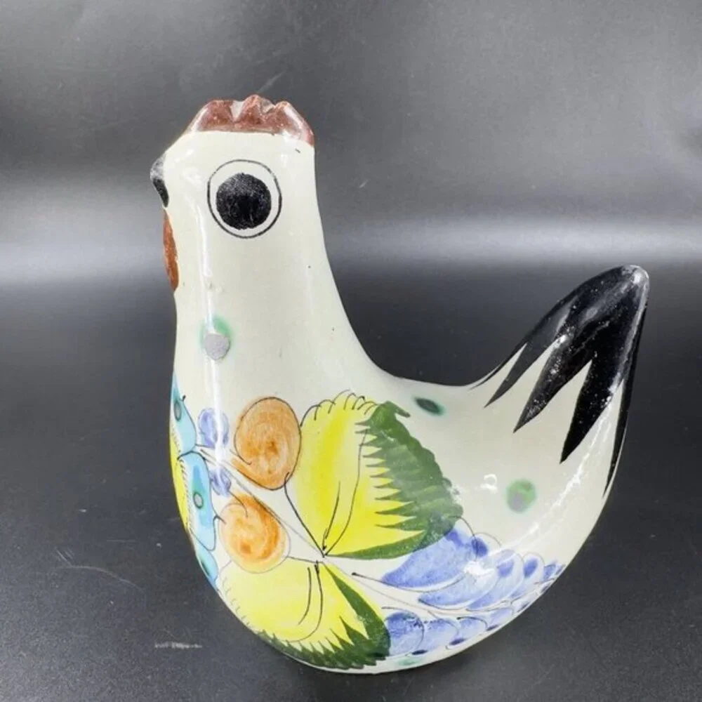 VTG Tonala Mexico Folk Art Pottery Chicken Rooster Hand Painted Figurine‎ Signed